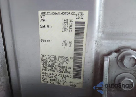 2012 Nissan Altima 2.5 S z USA, uszkodzony, nr VIN 1N4AL2AP4CC211682